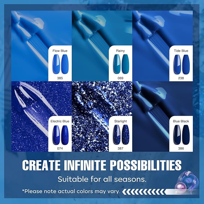 MEFA Blue Gel Nail Polish Set,6 Colors Midnight Navy Sapphire Blue Nail Polish Azure Glitter Dark Shades Starter Kit Soak Off Shimmer Gel Nail Art Design DIY Salon Manicure Holiday Gift for Women