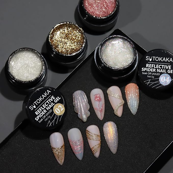 Reflective Glitter Spider Gel, 4 Colors Sparkle Diamond Sliver Gold Pink Elastic Spider Gel Polish, Nail Designs Paint Wire Drawing Gels Polish for Line DIY Manicure Home or Salon Use