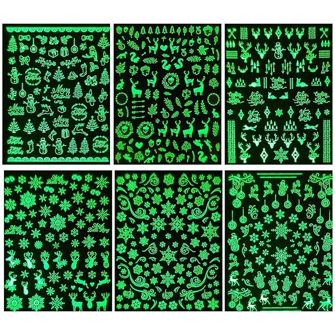 Glow in The Dark Snowflake Nail Stickers, Christmas 3D Self-Adhesive Nail Art Decals - White Snowman Santa Elk Design for DIY Manicure Winter Xmas DIY Nail Decorations stz (6 Sheets)