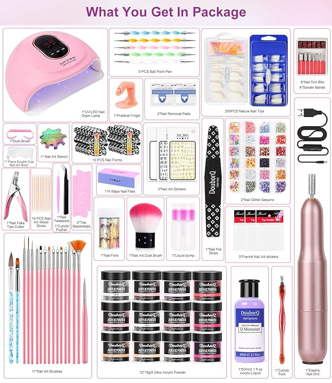 Acrylic Nail Art Kit-Nail Art Manicure Set Acrylic Powder Brush Glitter File French Tips U V Lamp Nail Art Decoration Tools Nail Drill kit for beginners with everything at home (White)