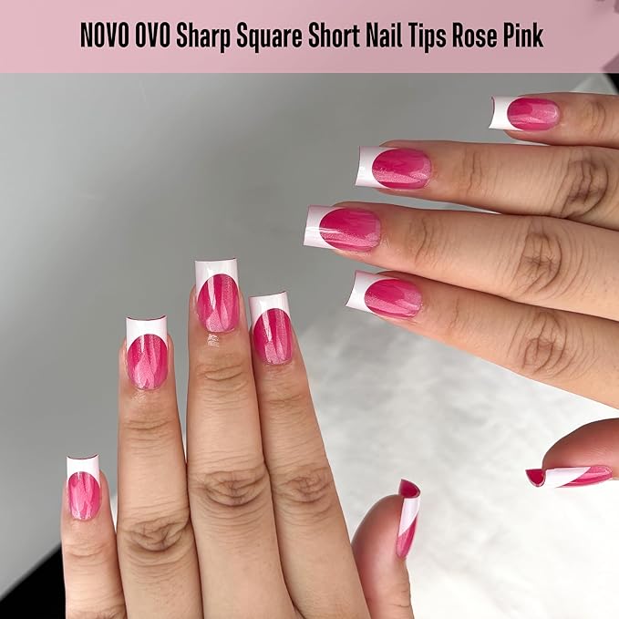 NOVO OVO Short Sharp Square White French Tip Nail Tips Press on ROSE PINK, Need Builder Gel Top Coat Nail Glue, Soft Gel Fake Nail Extension, Full Cover False Nails for Salon DIY x 15 Sizes 240 pcs