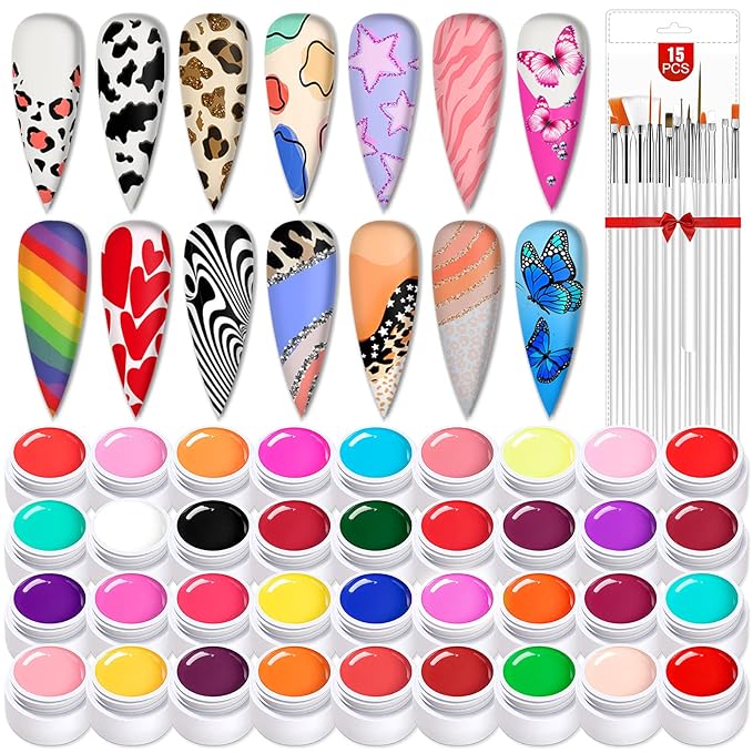 SAVILAND 36 Colors Gel Paint Kit: Solid Nail Art Gel Polish with 15 pcs Painting Drawing Nail Brushes for DIY Nails Art Design & Manicure Home Salon Use