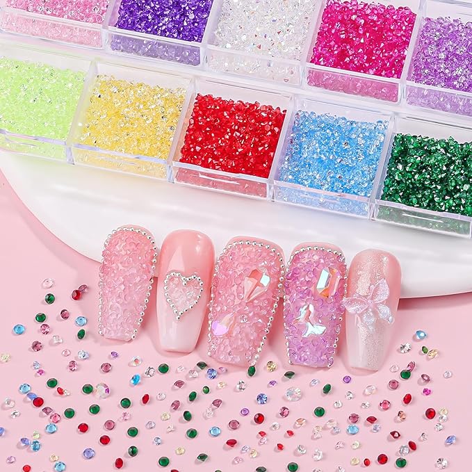 12000Pcs Nail Art Rhinestones Colorful Rhinestones Kit, 1.5mm Pointed Bottom Rhinestones Crystals Stones Diamonds Gems Bedazzler with Pickup Tools for Nails Face Eyes Makeup Crafts (24-K1-1.5mm)