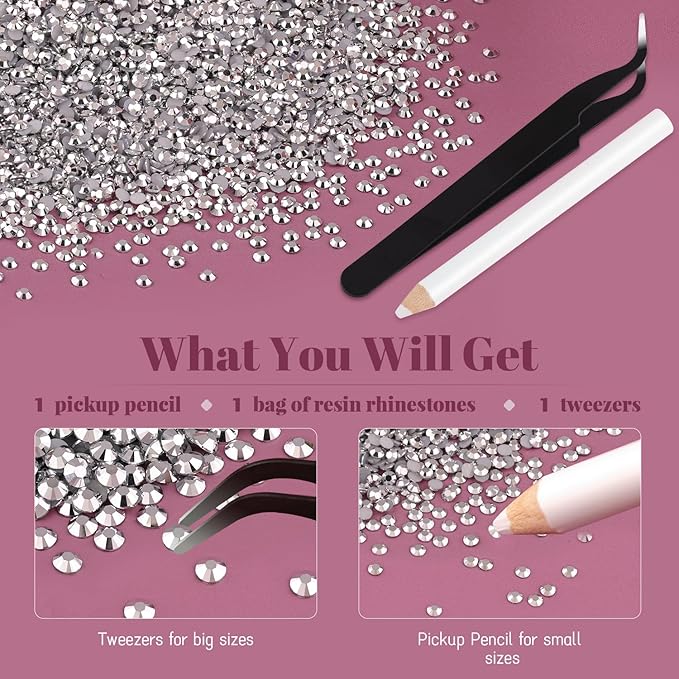 12000PCS 2mm Resin Rhinestones Bulk for Crafting (Silver), Flatback Bedazzling Crystals for Crafts DIY Nail Decoration, Gems Charms for Tumbler Shoes Clothing Fabric with Pickup Pen and Tweezers