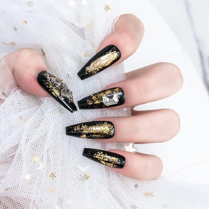 Sun&Beam Nails Handmade Long Coffin Ballerina Black Gold False Nail Tips with Cute 3D Dragon Popular Charm Design Press On Nails 10 Pcs (#52 XS)