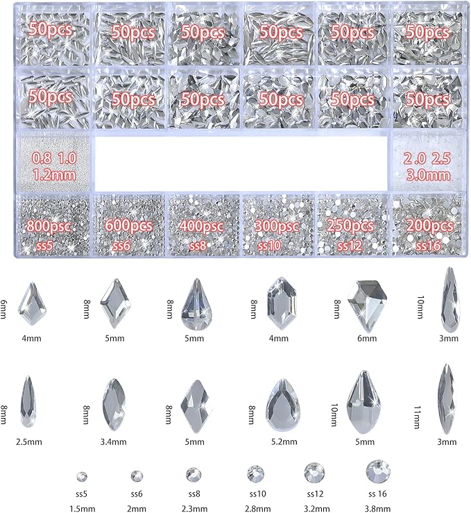HNUIX White Nail Rhinestones - 3D Multiple Shape Size Gems, Manicure Beads, Pearls, Flatback Crystals Rhinestones, with Kit, for Nail Art Decor