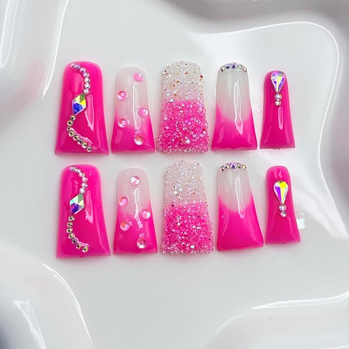 Handmade Press on Nails Long Duck Nails with Glue,Rose Pink Fake Nails with Rhinestone Design Reusable Acrylic Nature Stick on Nail Luxury False Nails for Wome (Size M)