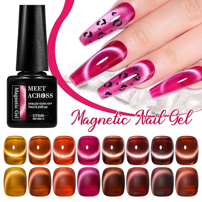 MEET ACROSS Amber Jelly Cat Eye Gel Nail Polish Set of 8 Colors Caramel Crystal Brown Shimmer Translucent Sheer Magnetic Nail Polish Kit with Base Top Coat and Magnet Gel Nail Art Manicure