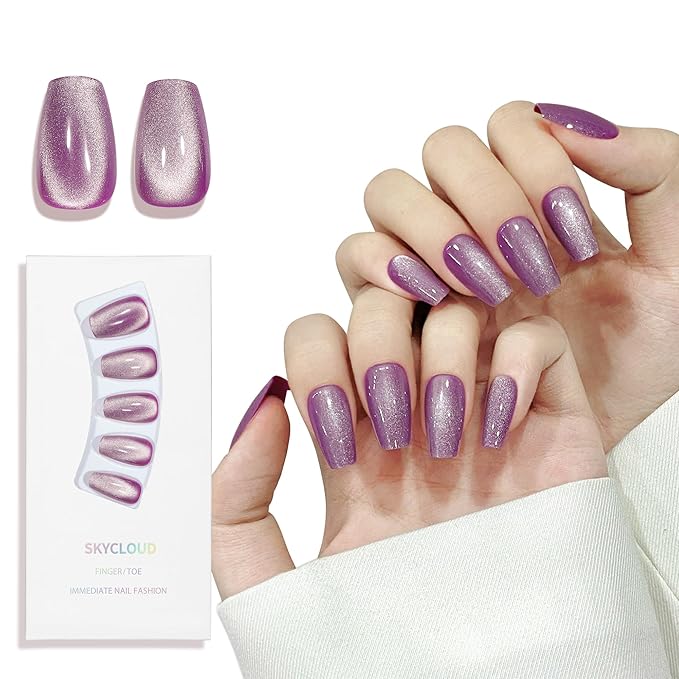 Purple Cat Eyes Press On Nails - 24 Pcs Soft Gel Medium Coffin Fake Nails Kit With Glue, 12 Sizes, Natural Reusable Stick On False Nails for Women and Girls (Skycloud Purple) SK0860