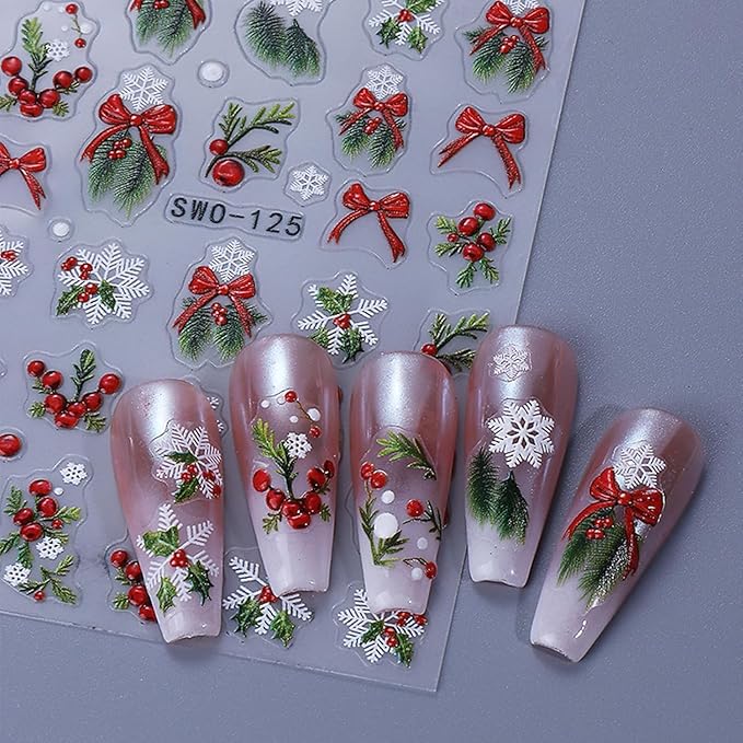 4 Sheets Christmas Nail Art Stickers Decals 5D Embossed Winter Holly Sprig with Bow Nail Decals3D Self-Adhesive Xmas Snowflake Holiday Nail Supplies Nail Art Design for Women DIY Decoration