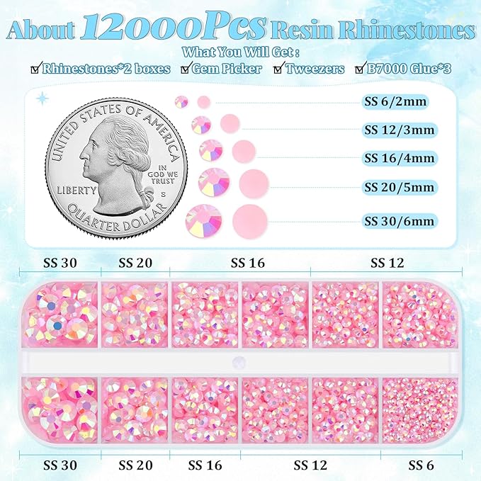 12000Pcs Resin Rhinestones for Bedazzling with 3Pcs B7000 Jewelry Glue, 2 Boxes Light Pink AB Flatback Rhinestones for Crafting Crafts DIY, Crystals Gems for Clothing Shoes Tumblers Nail Art Makeup