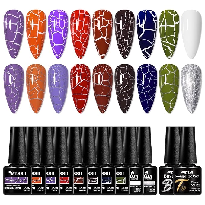 MTSSII Crackle Gel Nail Polish Set, 12pcs, 8 Colors + White Silver, Base Top Gel, Air Dry UV Lamp Needed