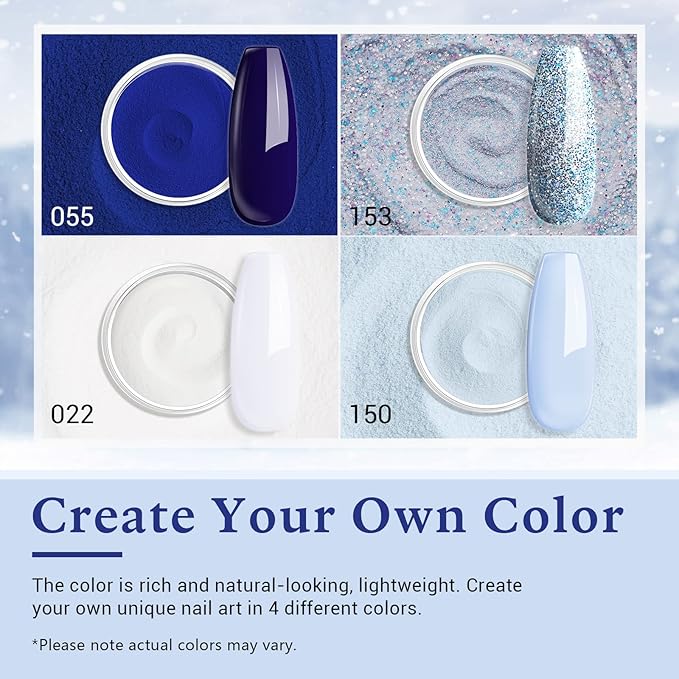 AZUREBEAUTY Dip Powder Nail Kit Winter White Navy Blue Glitter 4 Colors Acrylic Dipping Powder Liquid Set with Base/Top Coat Activator for French Nail Art Manicure DIY Gift for Women