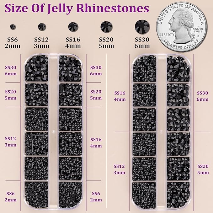 Resin Jelly Rhinestones for Crafting with B7000 Jewelry Glue, 2 Boxes Black Flatback Crystals with 3Pcs 10ml Glue, Bedazzling Non Hotfix Gems for DIY Tumblers Clothing Shoes Manicure