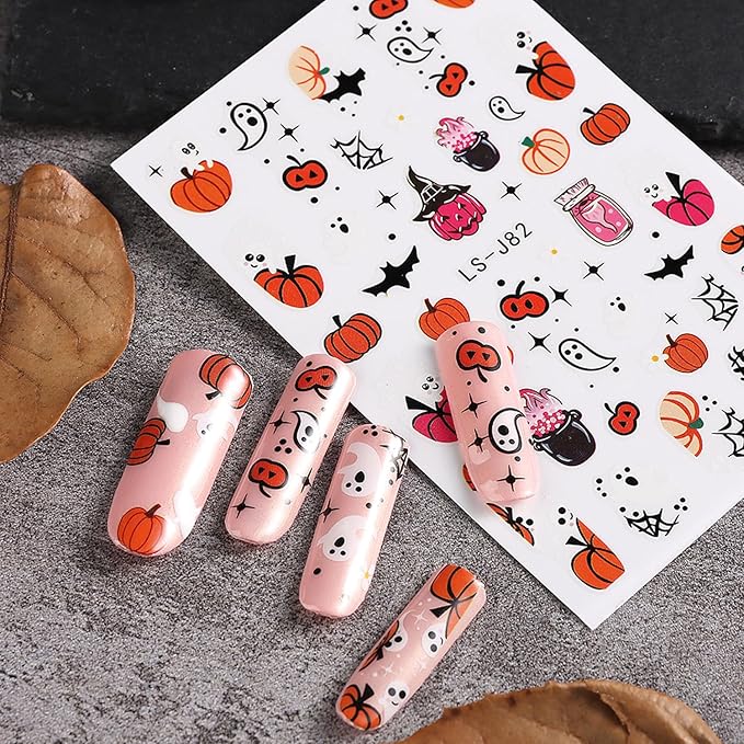 10 Sheets Halloween Nail Art Stickers Decals Cute White Ghost Nail Stickers Pumpkin Bat Spider Web Nails Decal Self-Adhesive Skull Flower Nails Art Decals for Women Halloween Decor