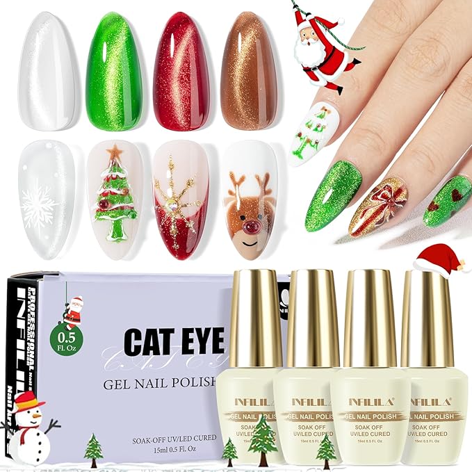 NXJ INFILILA Cat Eye Gel Nail Polish Set, 4 Colors 15ML Magnetic Nail Polish Kit - Christmas Red Green Silver Orange Glitter Gel Polish for LED/UV Lamp, DIY Home Salon Manicure Gifts for Women