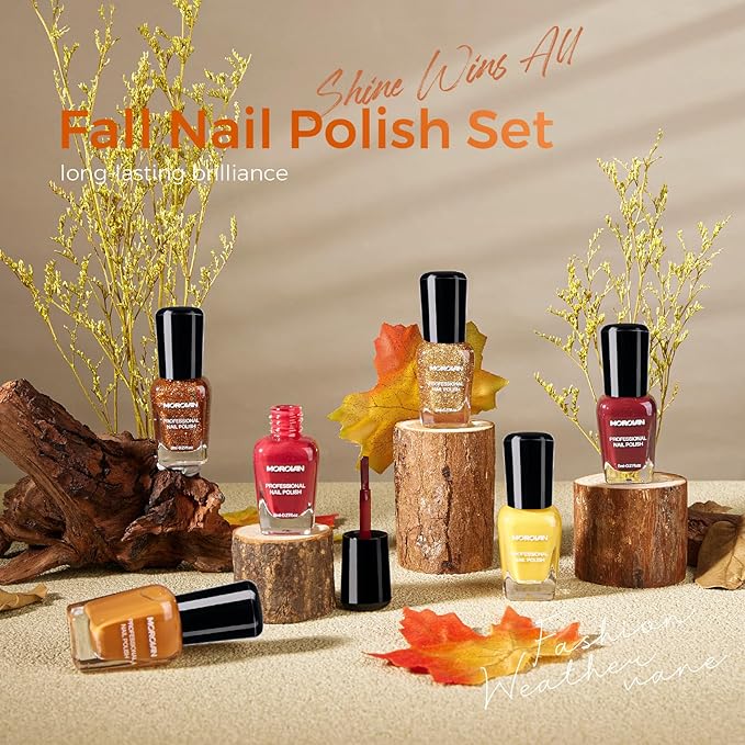 Morovan Orange Nail Polish Set: 6 Gold Maple Leaf Nail Polish Kit 2025 Glitter Autumn Fingernail Pumpkin Yellow Burnt Orange Art Quick Dry Nail Regular Mini Bulk Manicurist Women Girls Gift