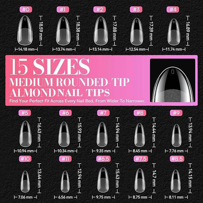 Makartt Medium Almond Nail Tips: 240PCS, 15 Sizes, Half Matte, Clear Fake Nails Stiletto Shapes - Full Cover Soft Acrylic Press On Nail Extensions for Flat Natural Nail Beds Salon and Home DIY