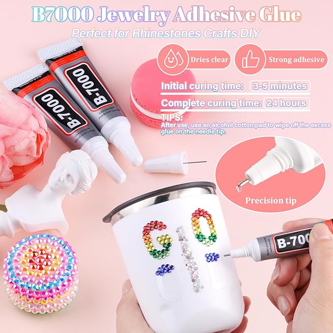 24000Pcs Resin Rhinestones with 3Pcs B7000 Jewelry Glue for Crafting, Multicolors 3mm Non Hotfix Flatback Gems, Bedazzling Crystal for DIY Crafts Clothing Tumblers Mugs Shoes Fabric Decor Nail Art