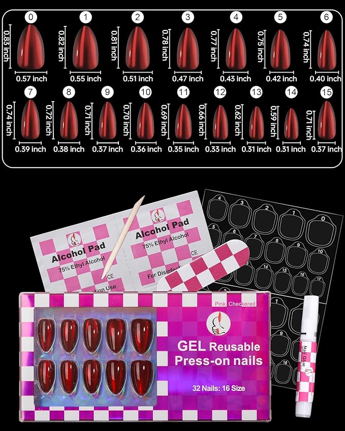 Burgundy Red Cat Eye Press on Almond Nails Short 16 Sizes Glass Glossy Gel Fake Manicure with Glue & Stick