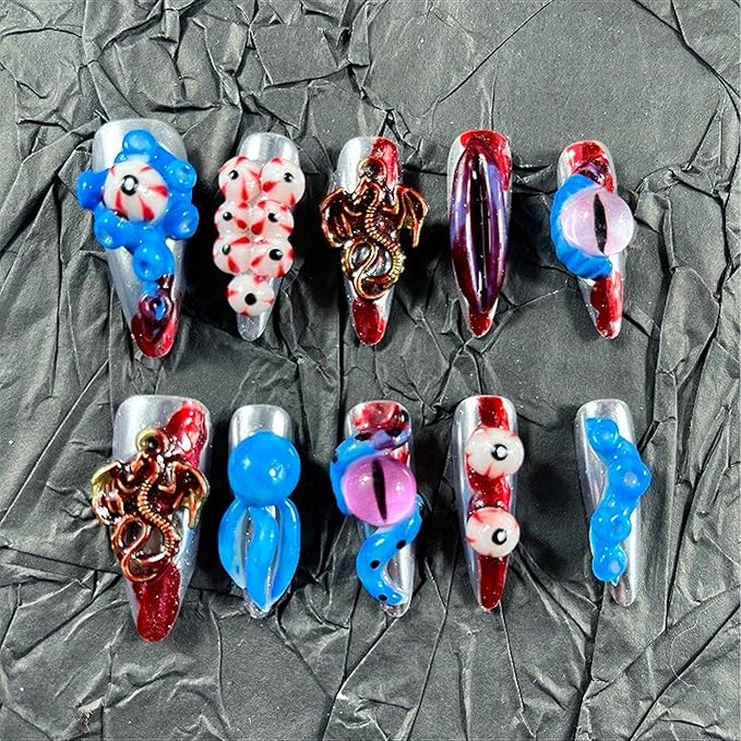 Press on Nails Handmade Nails 10Pcs Blood Style Hand Carved Silver Eyes Manual Press on Nails for Women Party Holiday Photo 33mm Long Size L