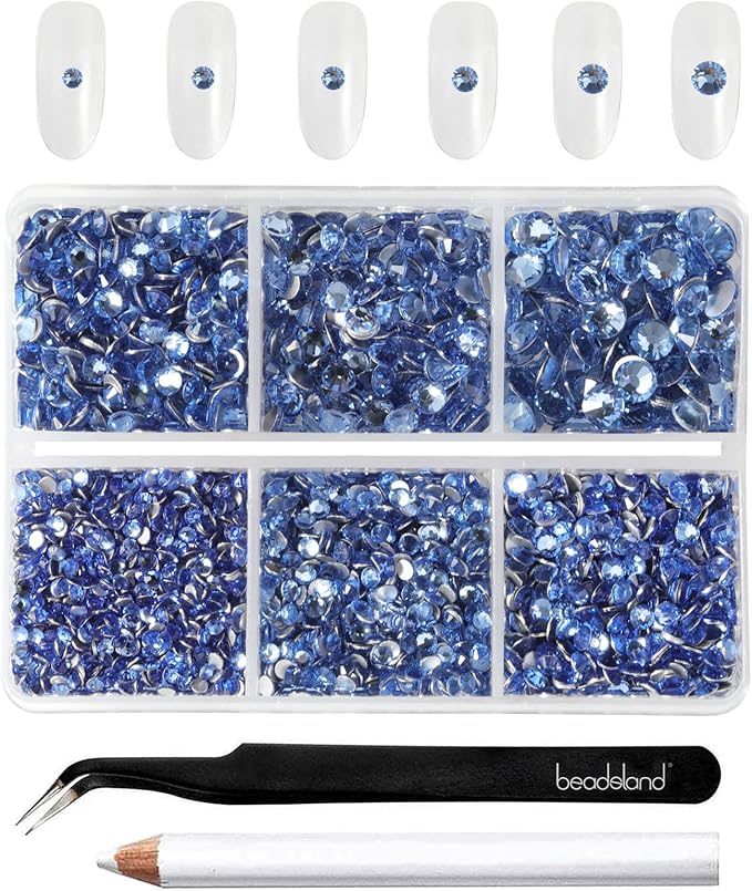 Beadsland 4300pcs Flatback Rhinestones,Light Blue Rhinestone Nail Gems Round Crystal Rhinestones for Crafts,Mixed 6 Sizes with Picking Tweezers and Wax Pencil Kit, SS6-SS20,Light Sapphire