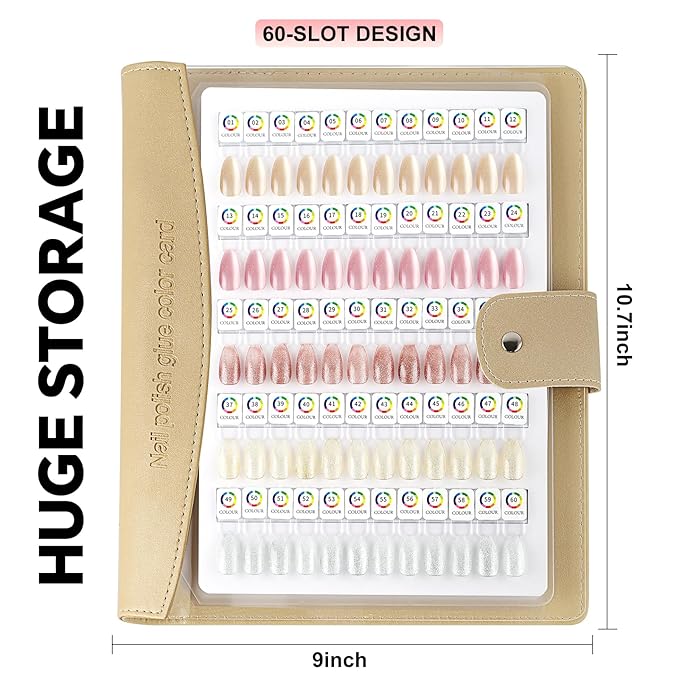 60 Magnetic Nail Swatch Book,Leather Nail Color Display Book with 72 Magnetic Tips & Number Labels,Professional Nail Salon Color Display Book for Easy Preview & Storage Gold