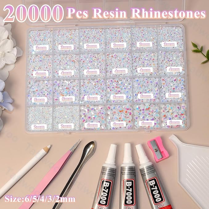 20000Pcs White AB Flatback Jelly Resin Rhinestones for Bedazzling, Mix Sizes Crystal Rhinestones Gems, White AB Gems Bedazzling for Crafting, Flatback Rhinestone for DIY Face Makeup Crafts Tumblers