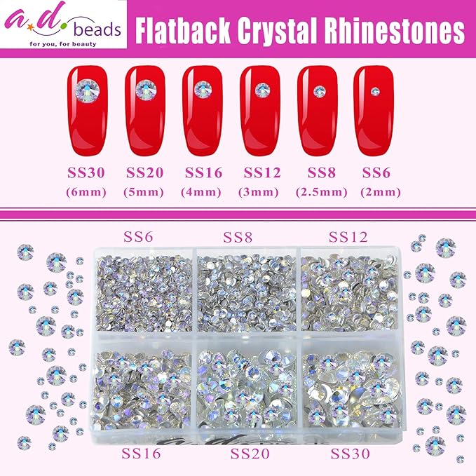AD Beads 4300 Pieces Flat Back Nail Art Rhinestones Round Beads 6 Sizes (2-6.5mm) with Storage Organizer Box,Rhinestones Picking Pen for Nail Art Phone Decorations Crafts DIY (Paradise Shine)