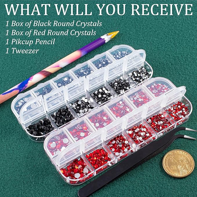 3440PCS 6 Sizes Black and Red Glass Crystal Kit with Pickup Pen + Tweezer Tools for Iridescent Shine Nail Art Manicure Makeup DIY Deco Flatback Round Bead Rhinestone Gem Jewelry Diamond