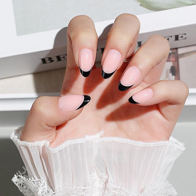 Luxbon Short Almond Press On Nails with No-Cure Nail Glue and Tool Kit – French Manicure Glue On Nails 25-30pcs Full Size Set, Reusable Fake Nails for Women, Salon Look at Home, Black