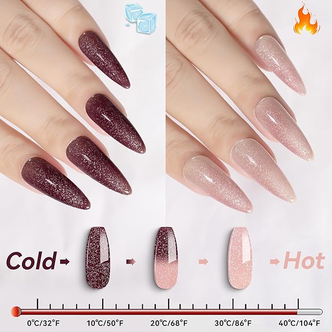 YTD Likomey Color Changing Gel Nail Polish,15ml Light Pink To Burgundy Glitter Mood Temperature Change Colors Ombre Thermal Salon Home Fall Winter Manicure UV Varnish,WB209
