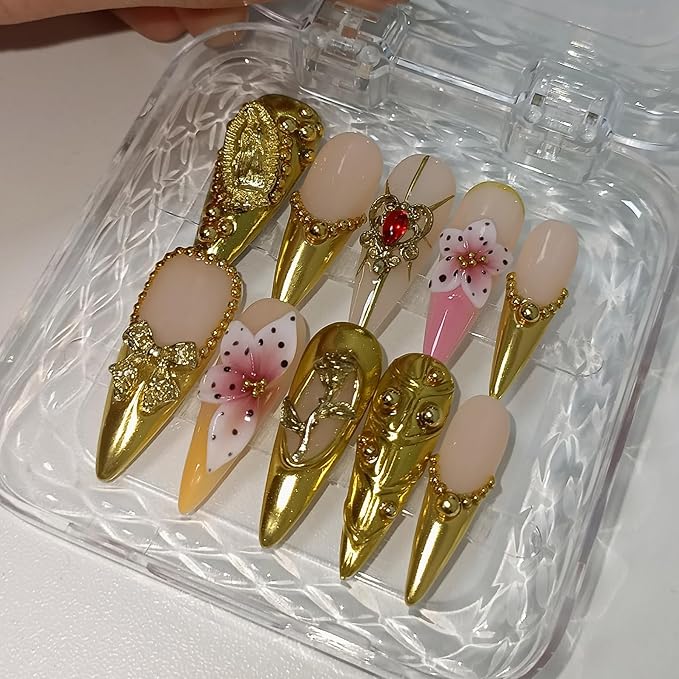 Long Stiletto Press on Nails - Gold Baroque with 3D Rose & Saint Charms | Reusable & Icy False Nails | Royal Gala Style for Grand Events(M)