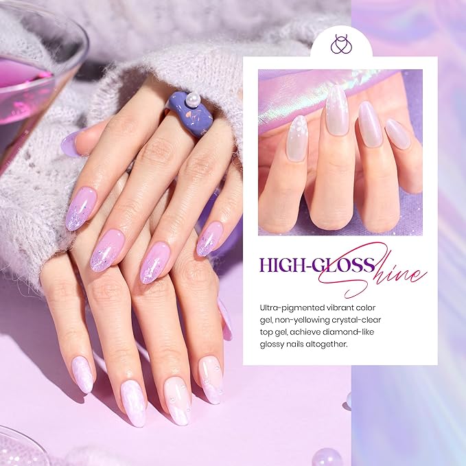 Beetles Purple Gel Polish Set - 6 Color Purple Shimmer Pearl Jelly Gel Polish with Nail Brush Soak Off LED Lamp Swirl Shell Thread Effect DIY Manicure Spring Gifts for Mom