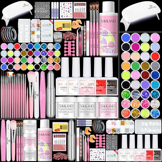 SAVILAND Acrylic Nail Kit with Drill and U V Light – Clear White Pink Acrylic Powder Black Red White Gel Nail Polish Nail Tools for Nail Art Gel Nails DIY