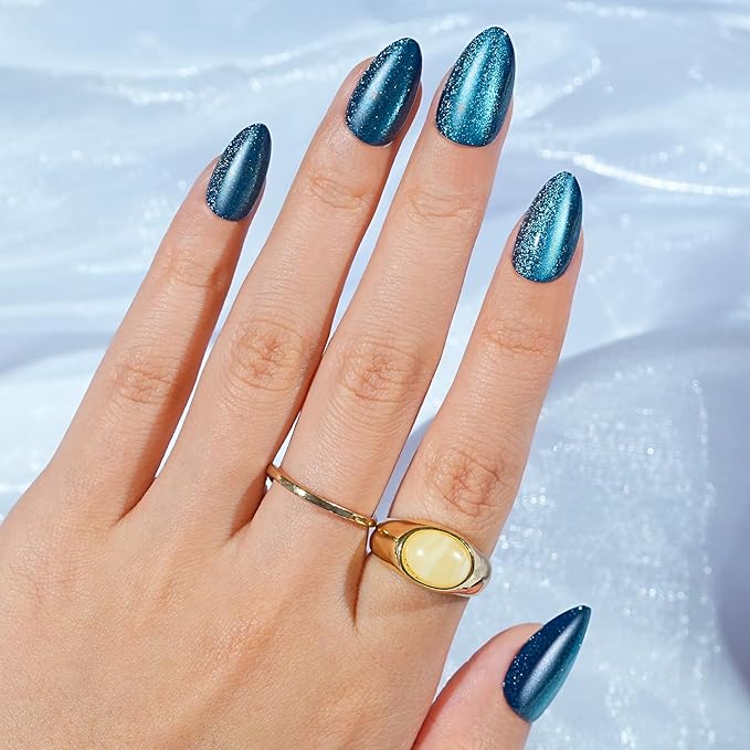 Blue Press on Nails Almond, Jofay Fashion Cat Eye Press on Nails, Soft Gel Fake Nails, Reusable & Natural Acrylic False Nails, Stick on Nails for Women Girls Gift, Glue on Nails Kit 32 Pcs