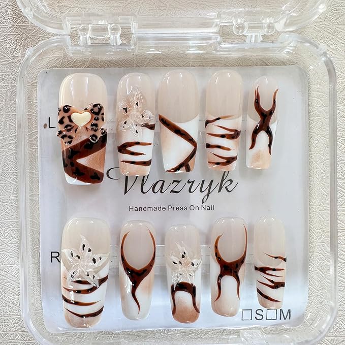Handmade Press on Nails with Charms - Long Square French False Nails, Stars, Leopard, 3D Flower Embossed Designs for Women & Girls, Nail Kit