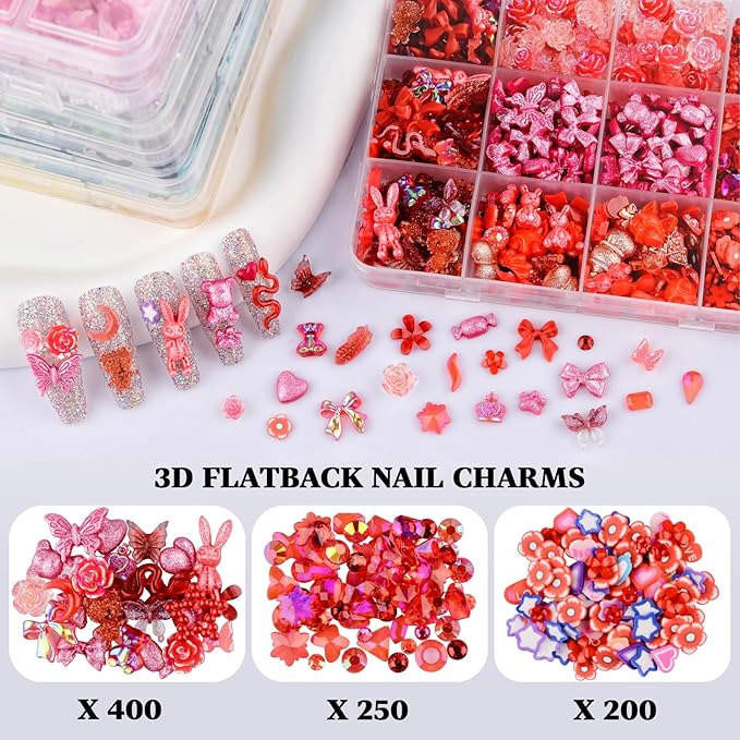 850 Pieces 3D Butterfly Rose Flower Bow Rabbit Bear Nail Charms Kit with Nail Art Rhinestones Pearls Crystal Gems Nail Slices for Manicure DIY Crafts Jewelry Accessories (Red)