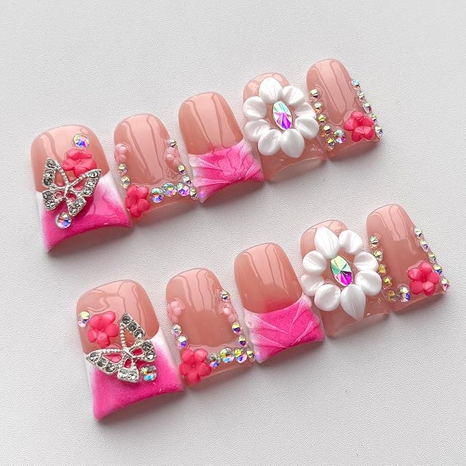 French Tip Press on Nails Handmade Short Duck 3D Flower Thick Acrylic Nails Pink False Nails with Butterfly Floral Rhinestones Designs Elegant Glossy Fake Nail Sturdy Art Press on Nail 10Pcs(S)