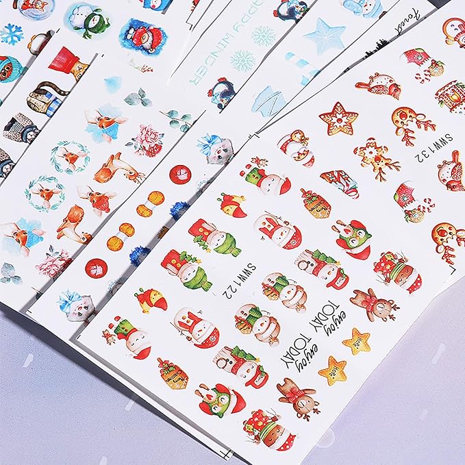 24 Sheets Christmas Nail Stickers for Women Cute Nail Art Stickers Snowflake Snowman Elk Penguin Christmas Tree Water Transfer Nail Decals Winter Xmas Nail Sticker 3D Self-Adhesive Nail Art Supplies