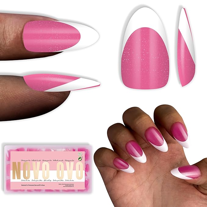 NOVO OVO White French Tip Almond Nail Tips Press on ROSE PINK, Extra Thick Medium Soft Gel Fake Nail Acrylic Extension, Need Builder Gel Top Coat, No Glue Included, for Salon DIY x 15 Sizes 240 pcs