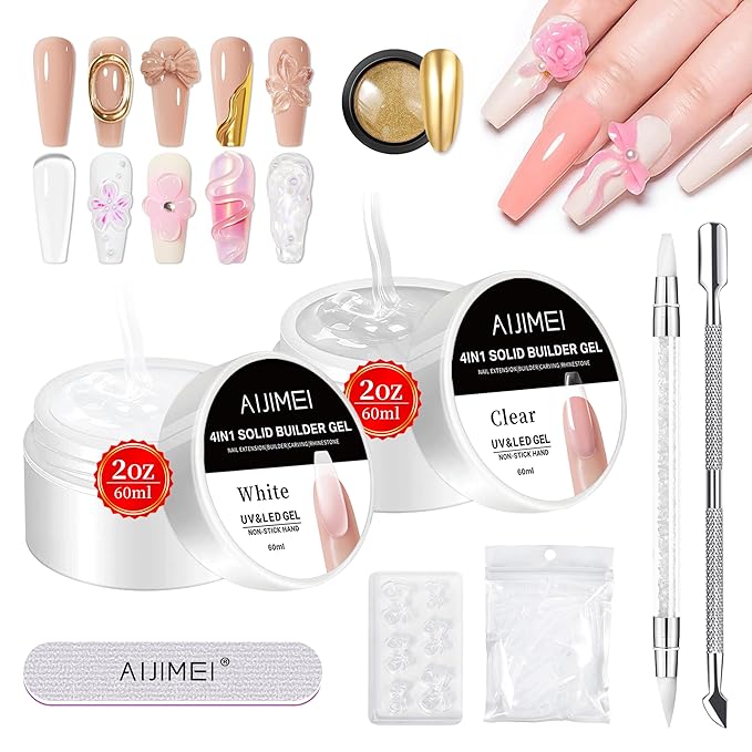 Solid Builder Gel for Nails 4fl.oz 120ml Clear & Whit Hard Gel, Non-Sticky, 3D Sculpting, Nail Extension Flase Nail Thickening Solution