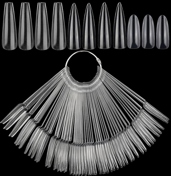 LoveOurHome 150pc Clear Nail Swatch Sticks - Long Stiletto Cofffin Almond Nails Polish Swatches Sample Nail Tester Sticks - Display Cards with Ring