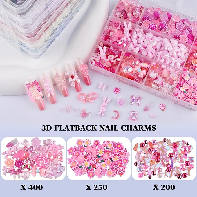 850 Pieces 3D Butterfly Rose Flower Bow Rabbit Bear Nail Charms Kit with Nail Art Rhinestones Pearls Crystal Gems Nail Slices for Manicure DIY Crafts Jewelry Accessories (Pink)