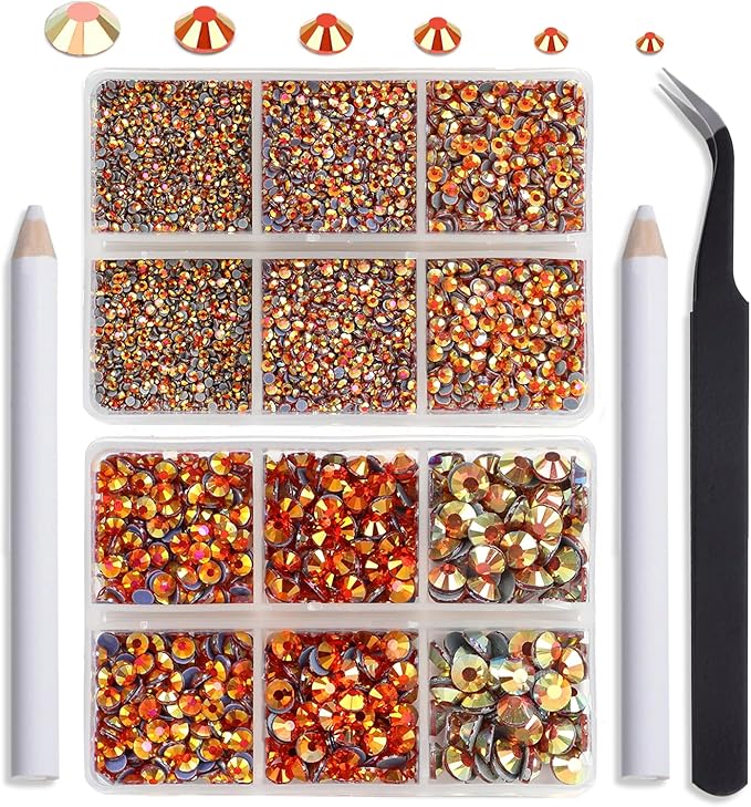 NCB Hotfix Iron on 8000pcs Crystal Rhinestones Round Gem for Crafts Decoration DIY Jewelry Making with a Tweezers and 2 Picking pens (Golden Sun, 6Sizes SS4-SS30)