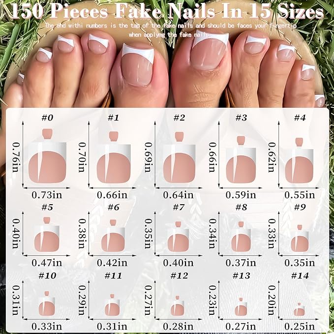 150pc White French Tips Press on Toenails Women Fake Toe Nails with Glue Tab, Brown Toe Nail Press ons Nails Short Square Fake Toenails French Toes Nail Tip Glue Toenail Stick Acrylic Toes Nails Kit