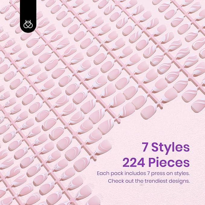 Beetles French Tip Press On Nails 224 Pcs Short Almond Pink Press On Nails 4 in 1 Gel Nail Tips Pre-Applied Primer and Base Coat, No File Need DIY Manicure Easy False Nail Tips for Nail Extension