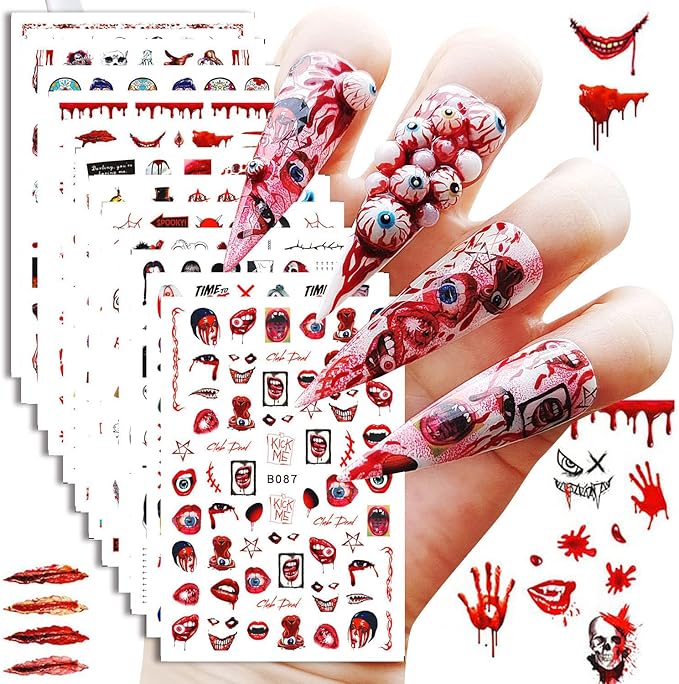 12 Sheets Halloween Nail Art Stickers 3D Self-Adhesive Nail Decals Skull Witch Ghost Horror Mouth Wound Scar Bloody Nail Designs Sticker for Women Girls Kids Halloween Party Supplies