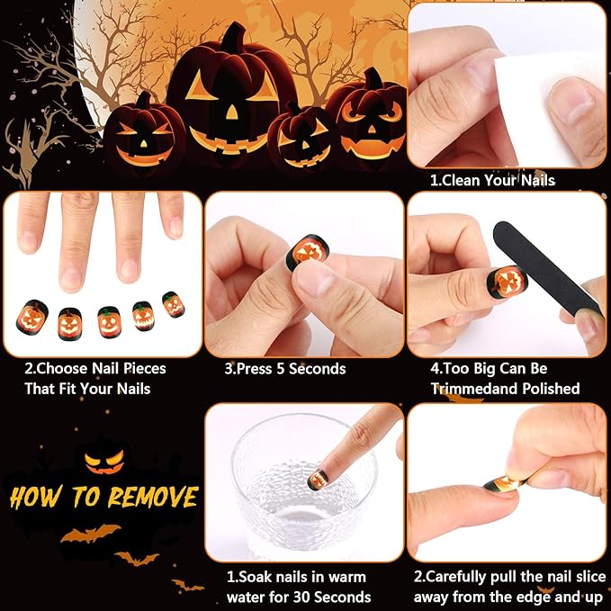 JANYUN 96 Pcs Halloween Luminous Kids Fake Nails False Nails Full Cover Glowing Stick on Nails with Skull Bat Spider Pumpkin for Girls Nail Art Party Decoration