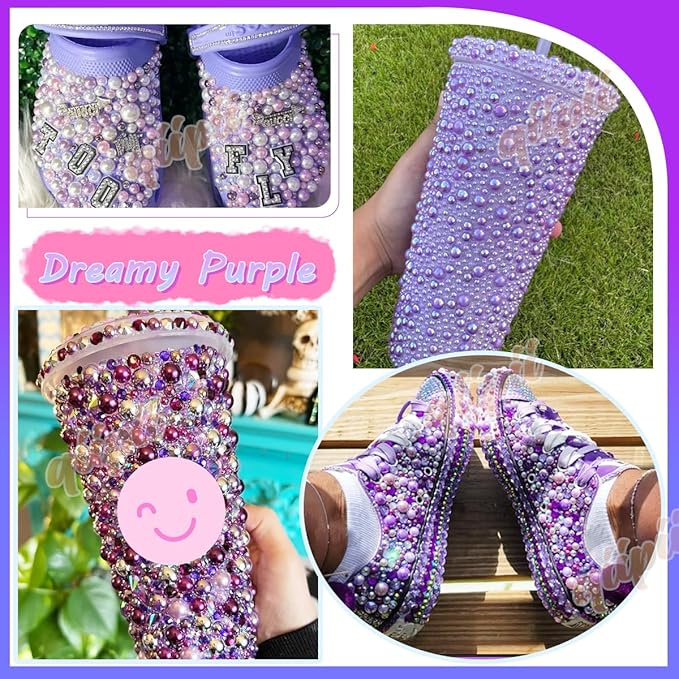 2 Styles Solid Purple+ Dark Purple AB Flatback Pearls for Bedazzling Crafting 3mm-10mm Half Round Beads Gems Bedazzler Kit for Nails Face Eyes Makeup Tumblers Bottles DIY Crafts Shoes﻿ Phones